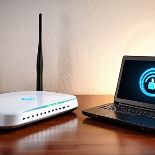 Home 17 **A home Wi-Fi network security setup:** A visual representation of a secure home Wi-Fi network with a strong password icon, an active firewall symbol, and devices protected by antivirus software. Emphasis on a secure router and network activity monitoring.