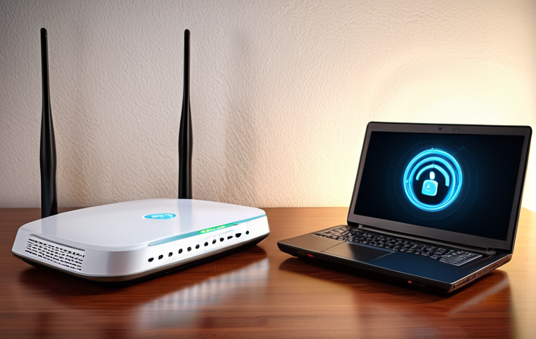 **A home Wi-Fi network security setup:** A visual representation of a secure home Wi-Fi network with a strong password icon, an active firewall symbol, and devices protected by antivirus software. Emphasis on a secure router and network activity monitoring.