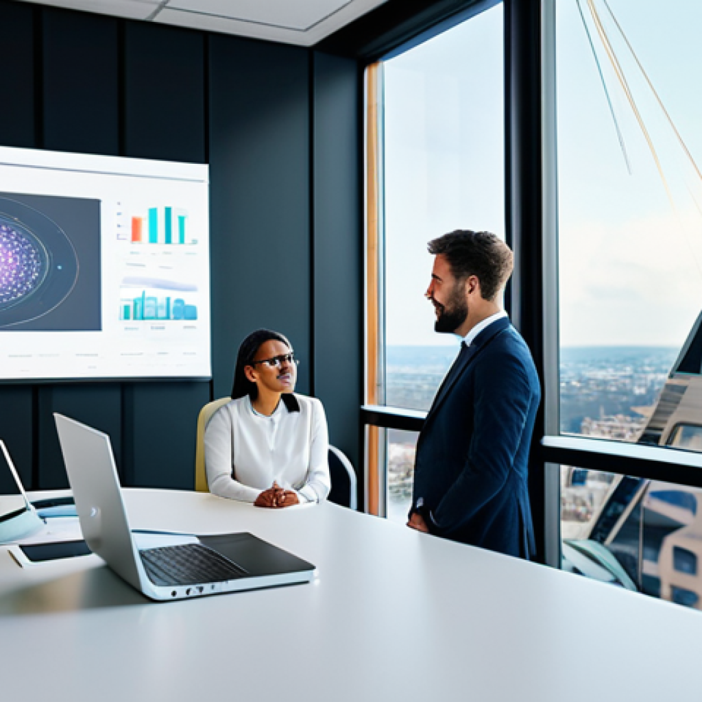 A diverse team of four professionals (two men, two women) in a collaborative office setting, actively discussing an AI-driven holographic interface projected on a modern desk. They are all fully clothed in modest, professional business attire, conveying a sense of teamwork and innovation. The environment is a bright, modern office interior with large windows and contemporary furniture. The image should be high-resolution, professional photography with soft studio lighting, ensuring perfect anatomy, correct proportions, natural pose, well-formed hands, proper finger count, and natural body proportions. This is safe for work, appropriate content, and family-friendly.