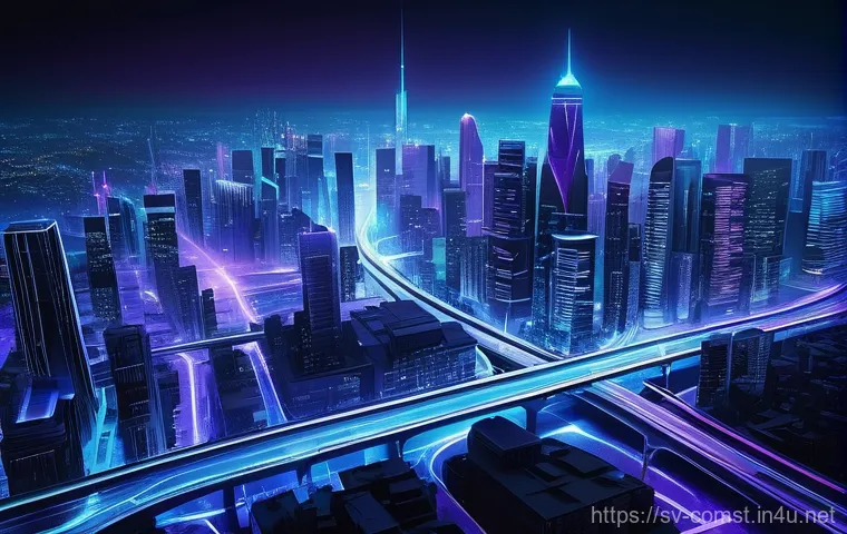 TCP IP 네트워크 모델 - **Prompt:** A visually stunning, high-angle shot of a futuristic metropolis at night, with architect...