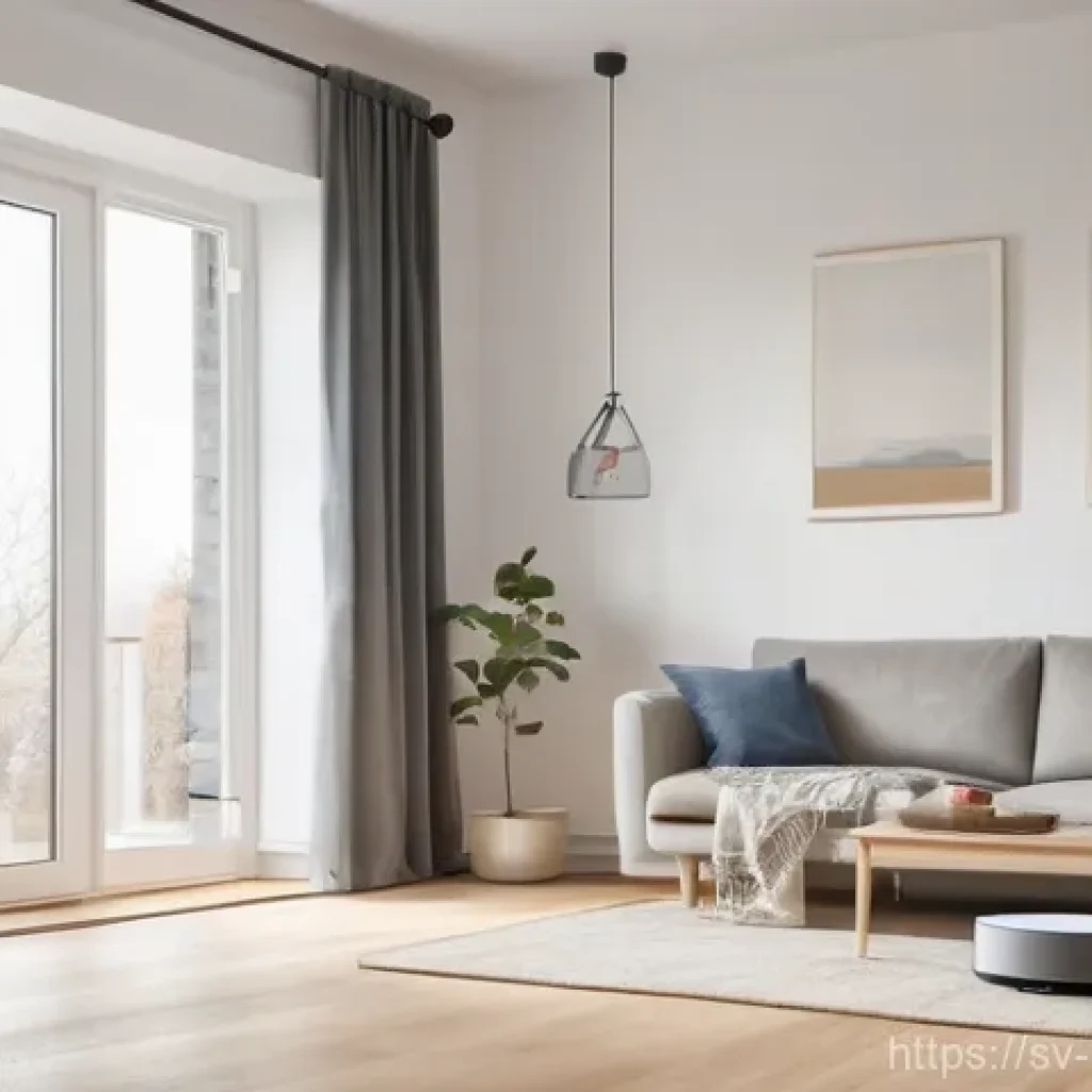 자율 시스템 및 로봇공학 - A clean, modern Swedish living room bathed in soft, natural light streaming through a large window. ...