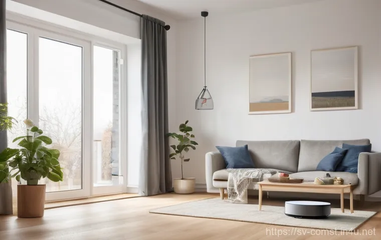 자율 시스템 및 로봇공학 - A clean, modern Swedish living room bathed in soft, natural light streaming through a large window. ...