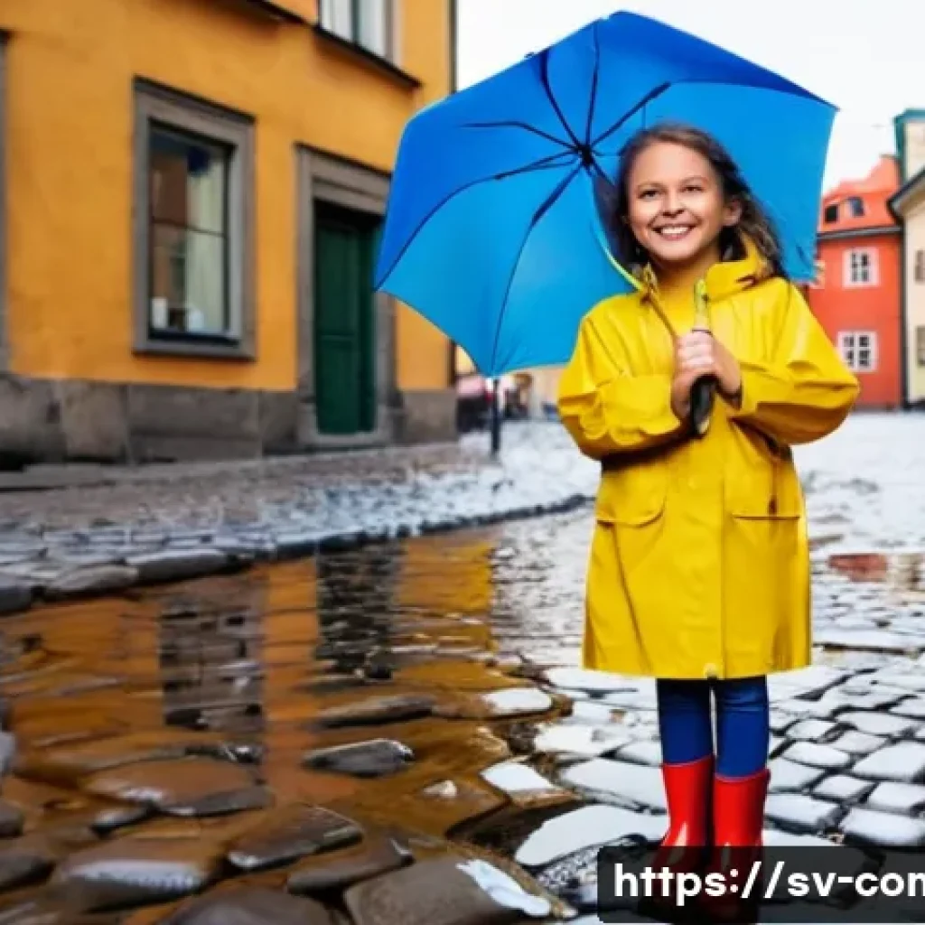 소프트웨어 버전 관리 - **Prompt:** A young girl (approximately 7 years old) wearing a bright yellow raincoat and blue rain ...