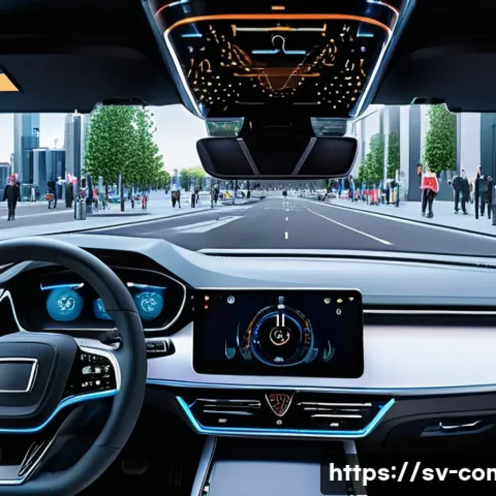 자율 시스템 소프트웨어 - A futuristic autonomous vehicle dashboard interior showcasing multiple high-resolution sensor displa...