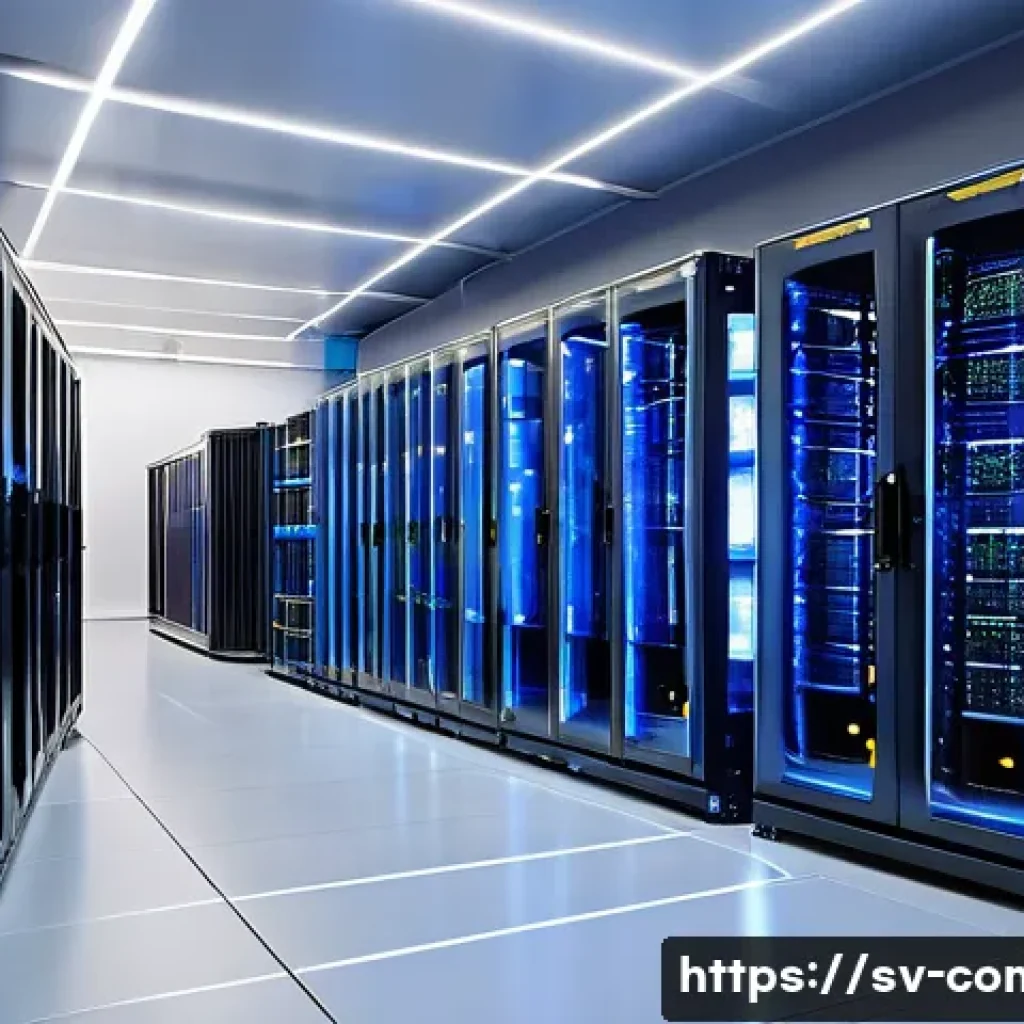 분산 파일 시스템 - A modern Swedish data center interior showcasing rows of sleek server racks with glowing LED indicat...