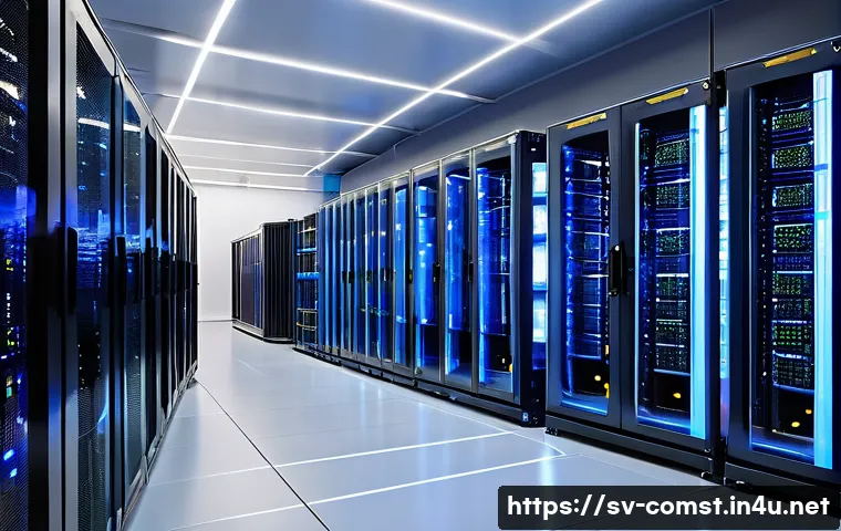 분산 파일 시스템 - A modern Swedish data center interior showcasing rows of sleek server racks with glowing LED indicat...