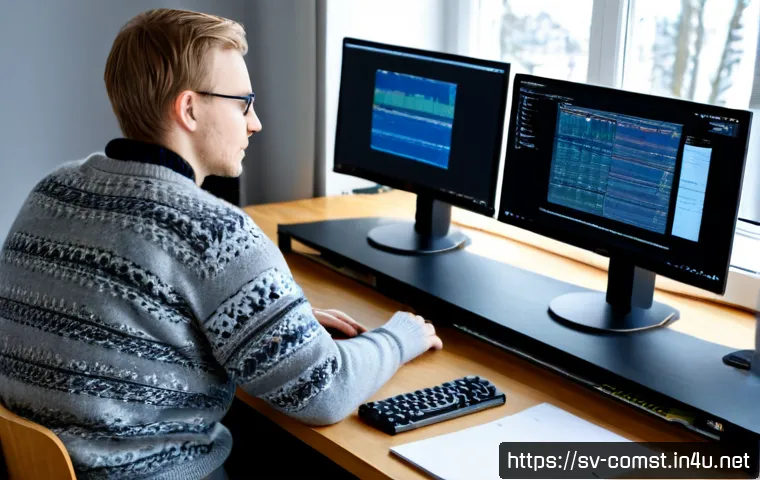 Home 17 시스템 프로그래밍 - Photorealistic modern systems programmer workspace in Stockholm, Sweden, featuring an adult engineer...