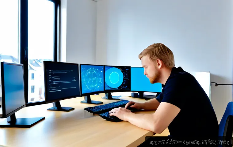 응용 프로그램 방화벽 FW - Photorealistic Scandinavian office cybersecurity scene, Swedish IT professional at a clean light-woo...
